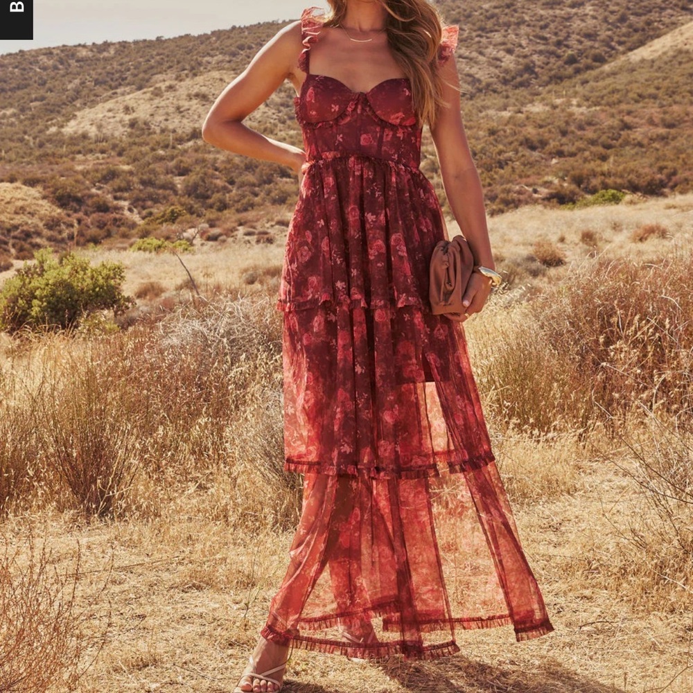 Vici Burgundy Floral Ruffled Maxi Dress - Picture 2 of 4